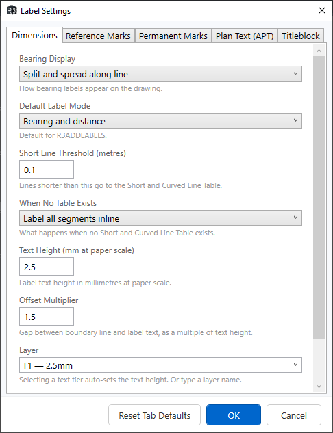Label Settings dialog — Dimensions tab