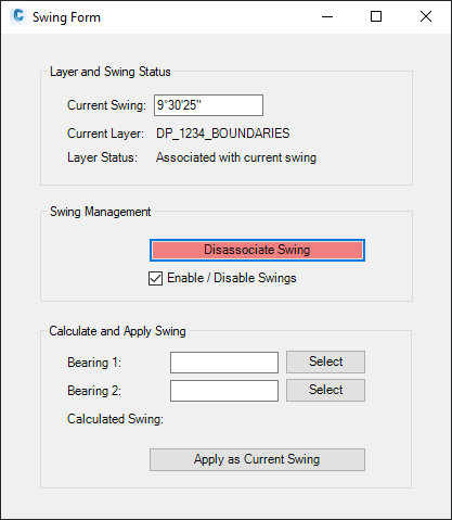 Swing form showing active swing associated with a survey plan layer
